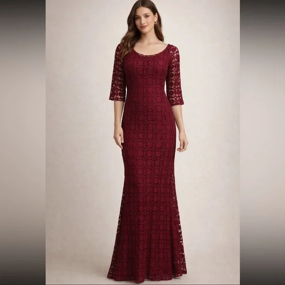 Kay Unger Deep Red Lace 3/4 length Sleeve long Dress
